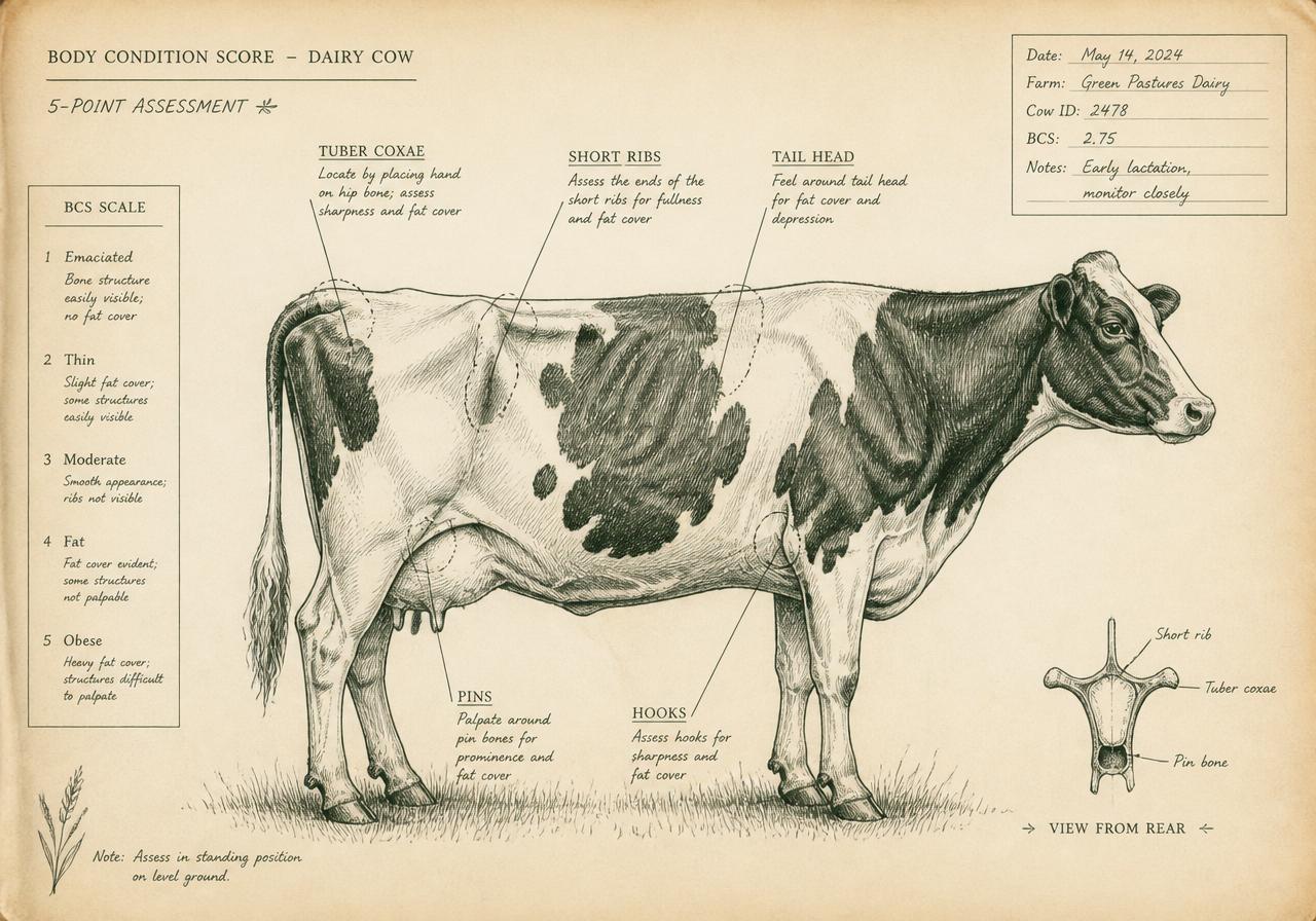 Hand-drawn body condition score anatomy sketch of a dairy cow