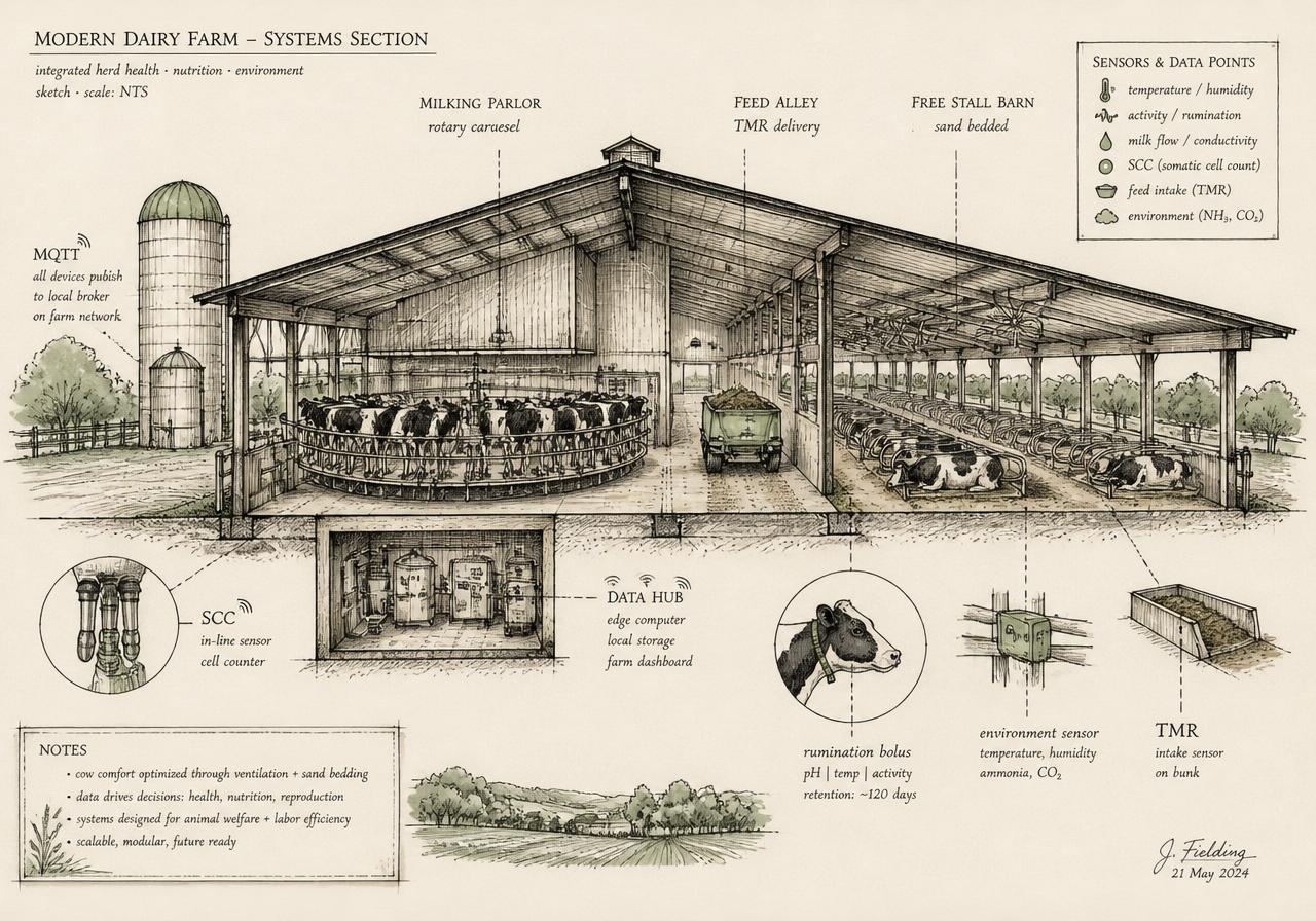 Hand-drawn modern dairy farm systems section sketch